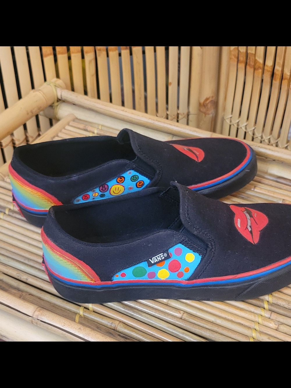 Vans Black Slip-On Sneakers with Red Lip Graphic and Multicolor Accents - Picture 3 of 6
